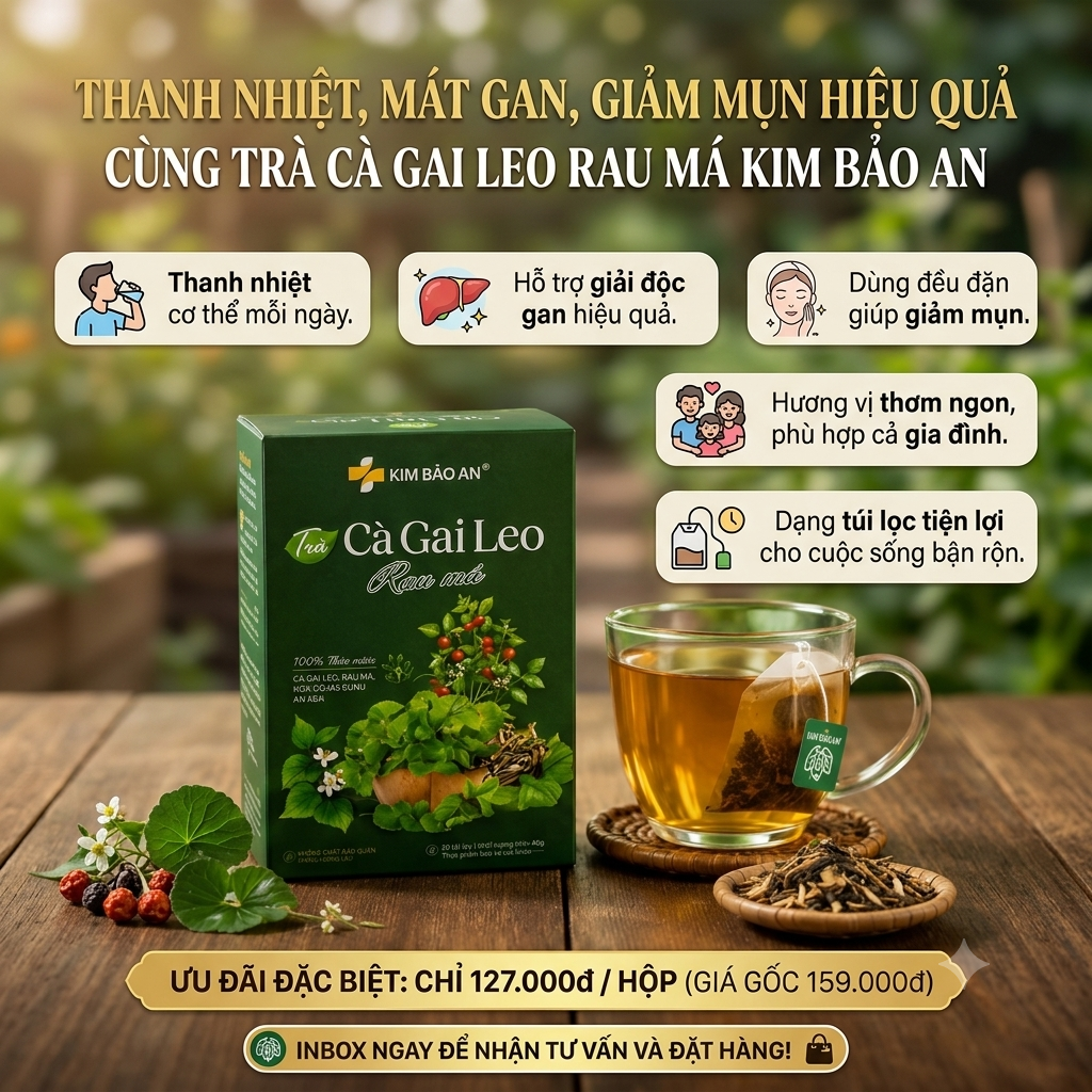 THANH NHIỆT, MÁT GAN, GIẢM MỤN HIỆU QUẢ CÙNG TRÀ CÀ GAI LEO RAU MÁ KIM BẢO AN