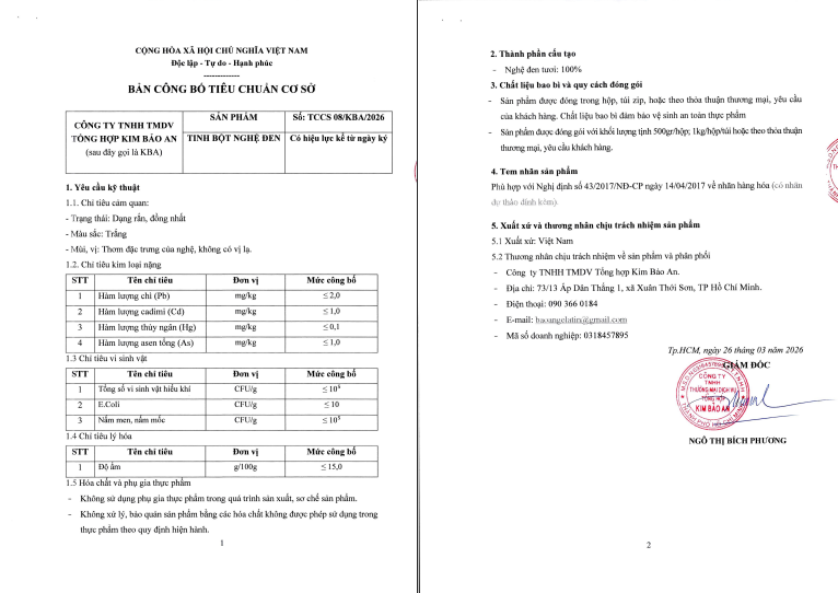 Giấy Công Bố Sản Phẩm Tinh Bột Nghệ Đen